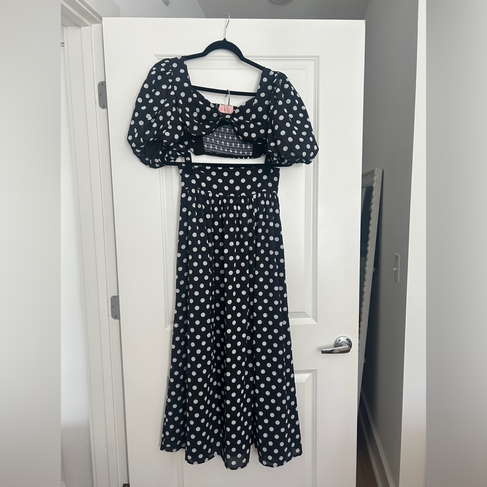 Fancy d boutique Polka Dot Puff-Sleeve Maxi skirt set - Black/White